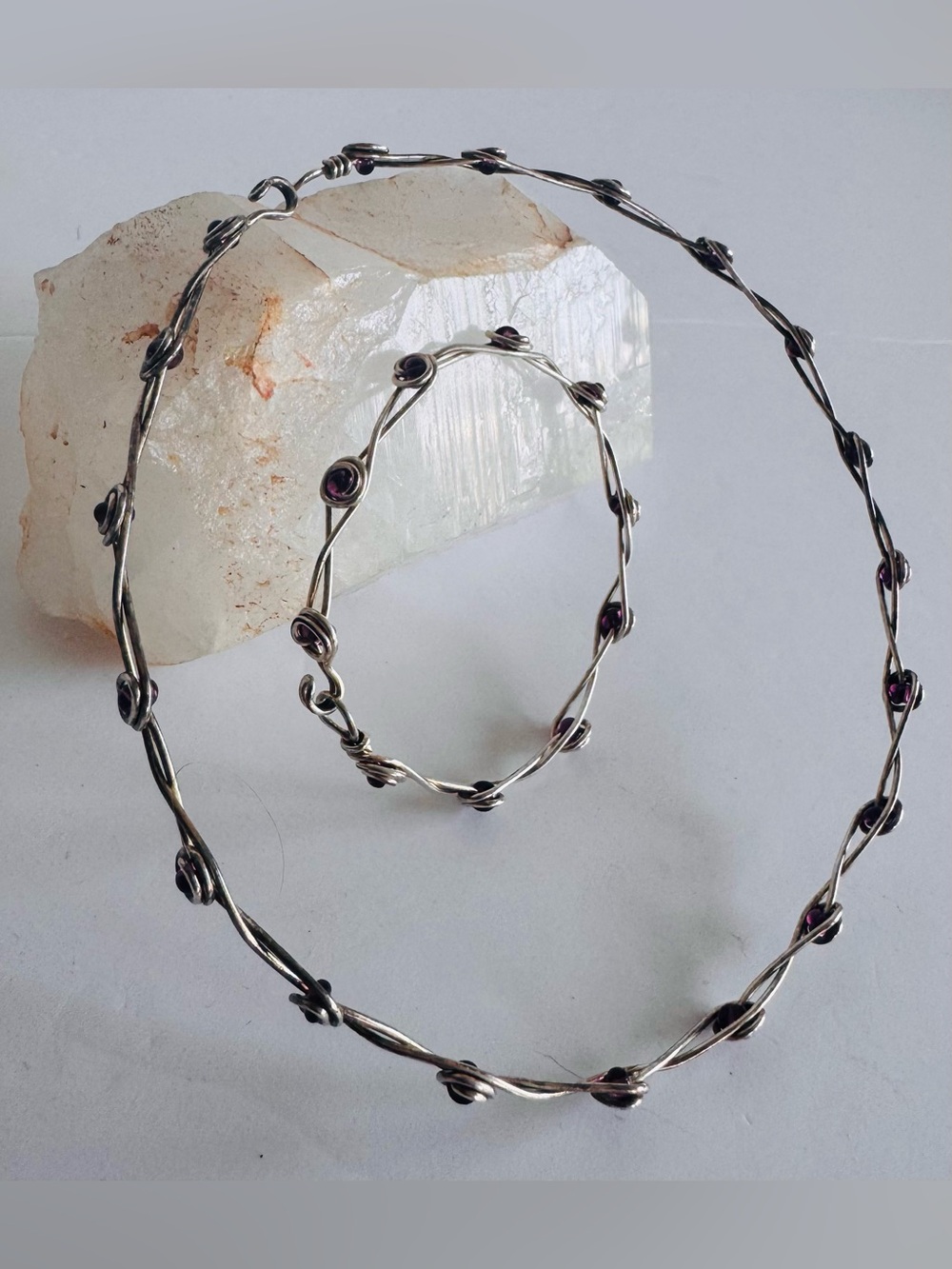 Amethyst & Silver Hand Wired Choker Necklace Bracelet Set from Mexico 16”
